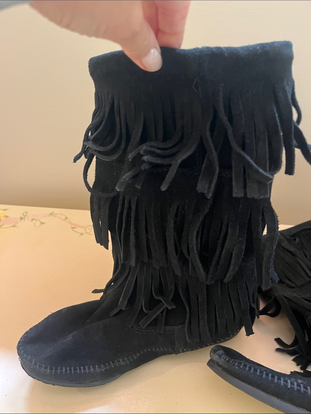 Minnetonka Black Suede Layered Fringe Moccasins - Picture 3 of 5
